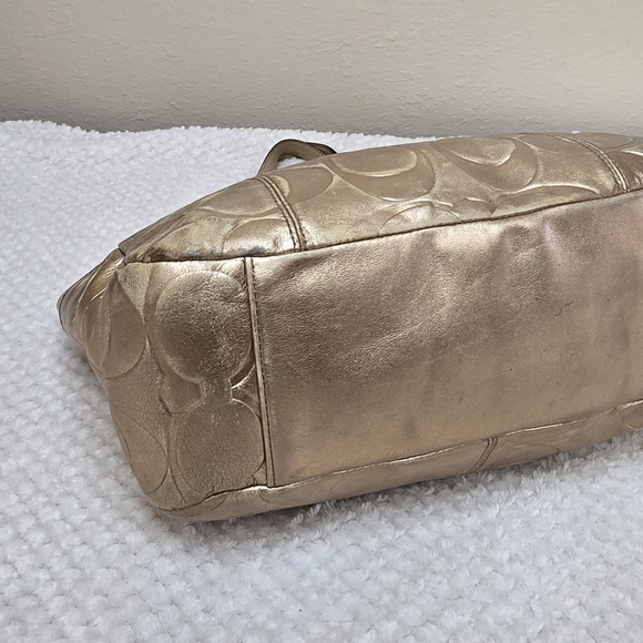 Coach Gold Embossed Signature Leather Tote Bag | Metallic Shoulder Bag - Picture 9 of 10
